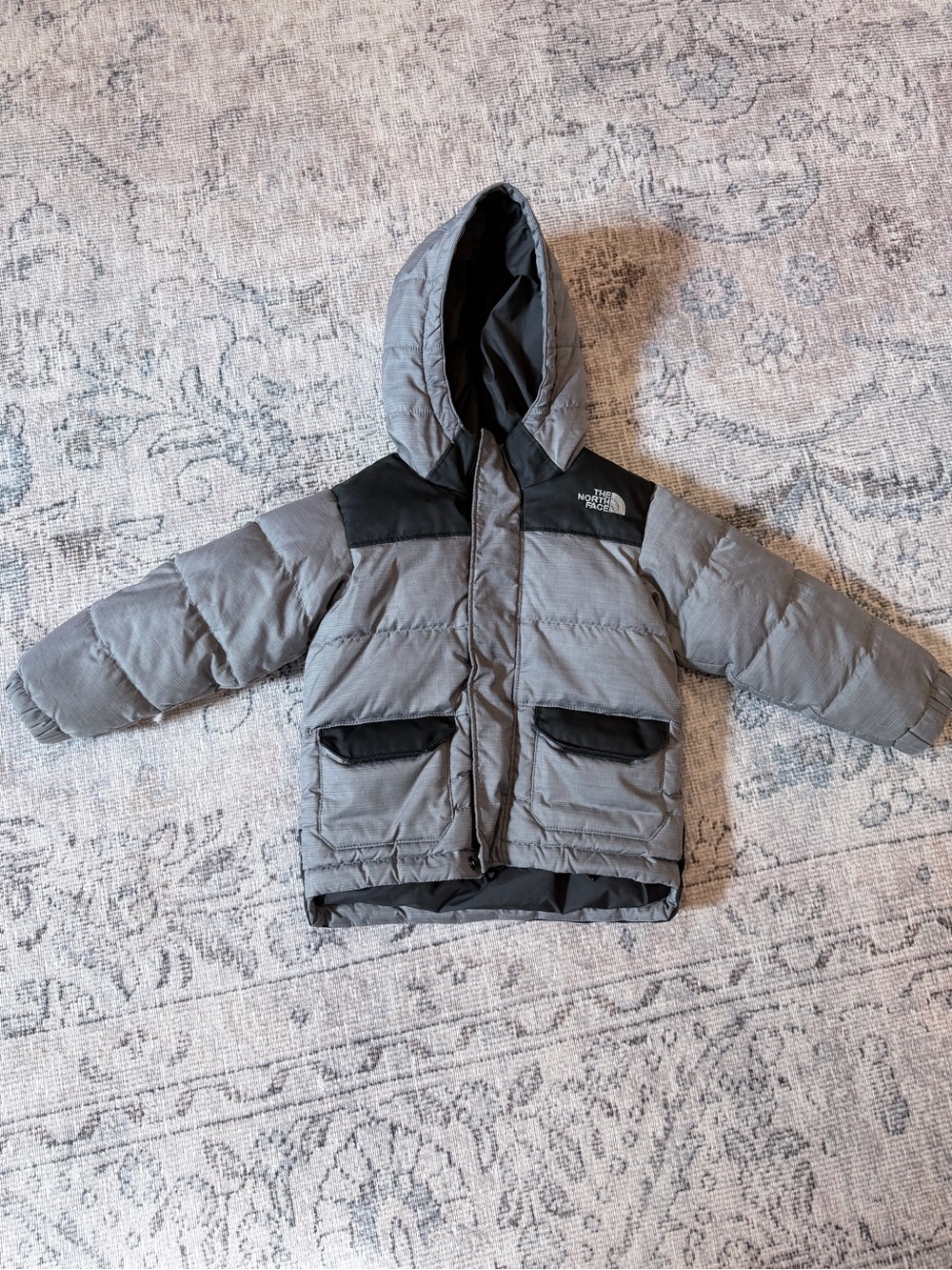 The North Face Kids Gray Hooded Puffer Jacket with Black Accents